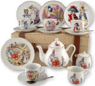 Beatrix Potter Assorted Large Tea Set in Fabric Lined Trunk Case with 