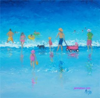 Beach Paintings with People and Children Art Original Oil by Matson 
