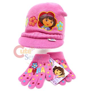 Dora the Explorer Gloves Cap Beanie Set Pink Flowers Knitted Magic 