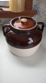 Brown and White Crock with Lid Handles Bean Pot