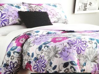   Purple Teal Grey Black Floral Twin XL Dorm Comforter 3pc Set