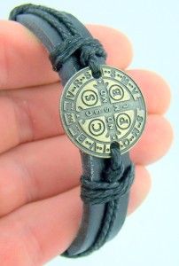 St Saint Benedict Medal Leather Bracelet Catholic Gift Exorcism 
