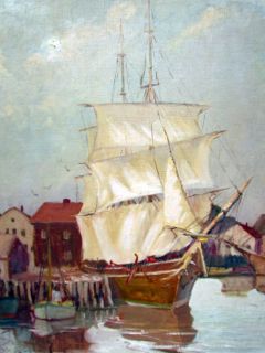 Antique New Bedford or Provincetown Harbor Painting by Minna Webb 