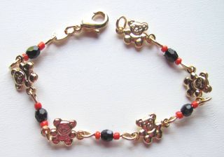 Baby Bracelet Teddy Bears Azabache & Coral 5 inches 14 kt gold 