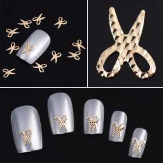 New 50 Pcs Gold Alloy 3D Nail Art Scissors Stickers Slices Tips DIY 
