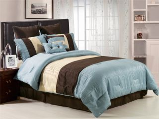 Blue Beige Brown Stripe Comforter Set Bed in A Bag Full