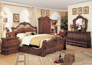 Queen Cherry Sleigh Bed Marble 6 PC Bedroom Set Armoire