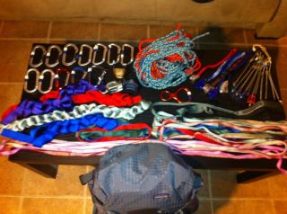    climbing gear w Patagonia pack carabiners nuts tricams belay devices