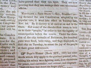 RARE Original 1864 Abolitionist Civil War Newspaper Maryland Abolishes 