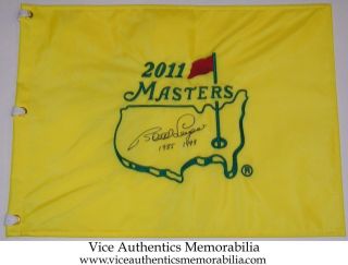 Bernhard Langer Signed Auto 2011 Masters Flag w 1985 1993 Augusta PGA 