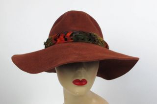 Betmar Vintage Rust with Feathers Floppy Wide Brim Hat