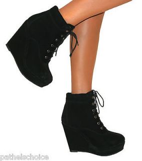   LADIES BLACK WEDGE HIGH HEEL PLATFORM SUEDE LACE UP SHOES ANKLE BOOTS