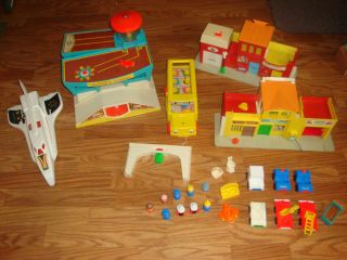 Large Lot Vintage Fisher Price Little People Plane Cars airport town 