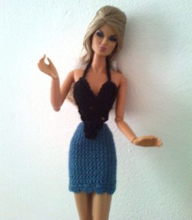 Barbie Fr Black Knit Top Blue Skirt Crocheted Fashion Royalty OOAK 