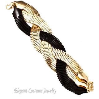 Black Gold Braided Extra Wide Omega Chunky Bracelet Elegant Costume 