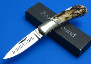 Fox N Hound Stag Handle Italy Lockback Folding Blade Mirror Polished 