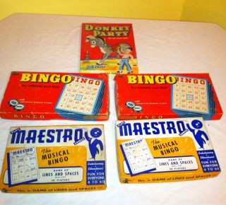 Vintage Game Board Lot Bingo Musical Bingo Donkey Party 5 GAMES