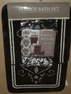 15pc Damask Black White Scroll Bath Set Hooks Fabric Shower Curtain 
