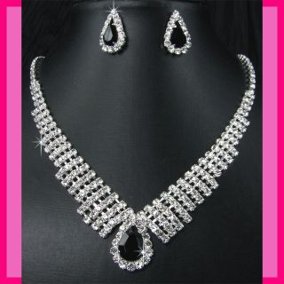    Bridesmaids Diamante Black Crystal Necklace Earrings Set Prom 37