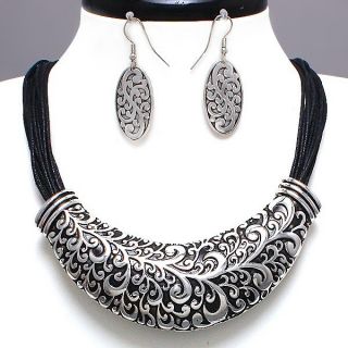    Scrolling Ornate Pendant Many Black Cords Layers Necklace Earrings