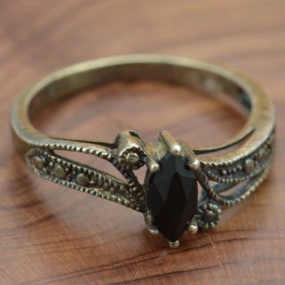   Sterling Silver Floral Marquise Cut Black Onyx Ring 9 25 YS754