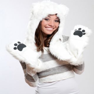 Faux Fur Plush 3D Full Animal Hood with Pocket Hat Scarf Mitten Polar 