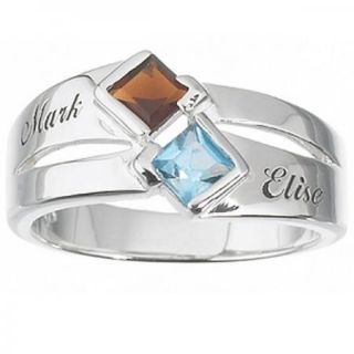   Sterling Silver Square Couples Birthstone Name Ring