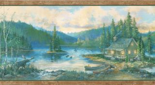   Cabin Canoes Ducks Birch Trees Country Wallpaper Wall Border