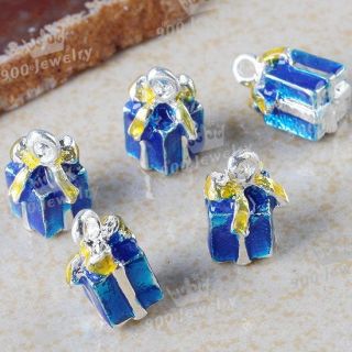  Blue Enamel Xmas Gift Box Package Charm Bead Jewelry Finding