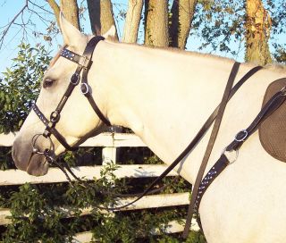 Blue Bling Black Leather English Bridle Breast Collar Set Any Size 
