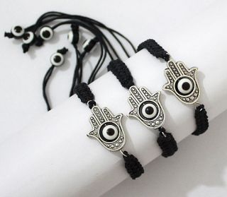 Adjustable Black String Bracelets with Lucky Hamsa Hand and 