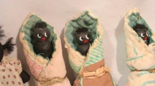 Vintage Primitive Handmade Black Baby Dolls 3 Miniature 5pc Cloth 