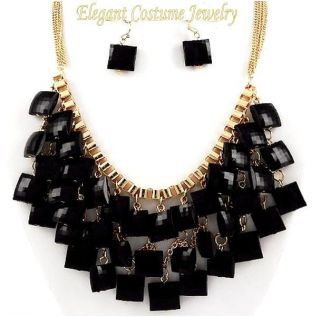   Sassy Black & Gold Square Charm Chunky Necklace Set Costume Jewelry