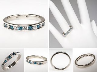 Genuine White & Blue Diamond Wedding Band Ring Solid 14K White Gold 