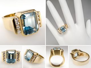   Blue Topaz & Diamond Cocktail Ring Solid 18K Gold Fine Estate Jewelry