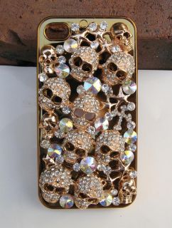 Handmade Golden Skull Diamond Bling Crystal Case Cover for iPhone 4 4G 