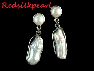 Gorgeous 20mm White Biwa Keshi freshwater Pearl Drop Stud Earrings