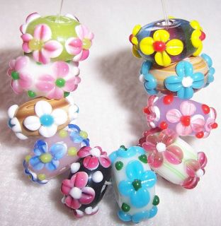   Colorful Handmade Lampwork Glass Beads Mixed Blossom Flowers h16