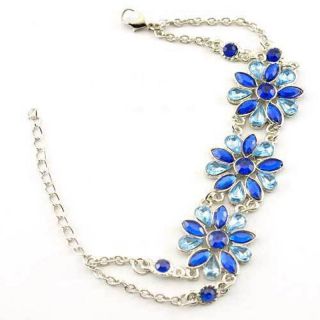 Silver Plated Floral Design Blue Crystal Link Bracelet w/ Lobster Claw 
