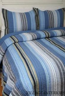 Blue Tropical Seaside Stripe Cotton Queen Quilt Set