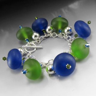   Blue and Green Resin and Crystal Charm Bracelet with Sterling Silver