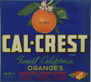 Cal Crest Blue Orange Crate Label Riverside CA