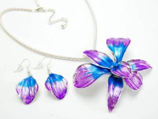 Purple Blue Orchid Large Flower Pendant Necklace Set