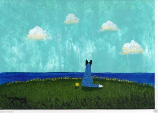 Australian Cattle Dog Blue Heeler Beach Abstract Folk Art Painting 