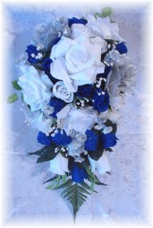 21pc Wedding Bouquet ROYAL BLUE White Silver Silk Bridal Flowers Roses