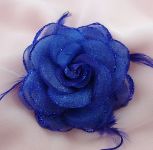 Royal Blue Silk Rose Flower with Feathers Brooch