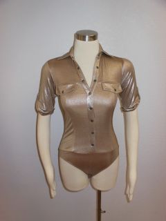 Bonita Bronze Mettalic Front Buttons Crop Sleeves Stretchable Bodysuit 
