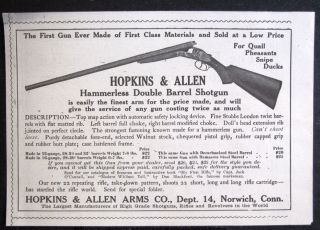 1906 HOPKINS ALLEN ARMS Double Barrel Shotgun magazine Ad gun hunting 