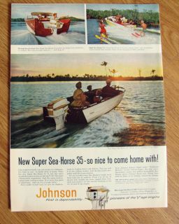 1958 Johnson Boat Motor Sea Horse Ad Shows 3 Boats