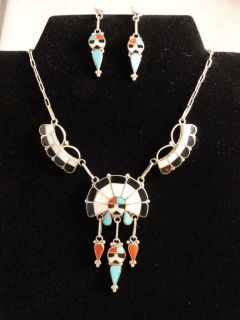 Vintage Zuni Inlay Necklace Earring Set Sunface Native American 